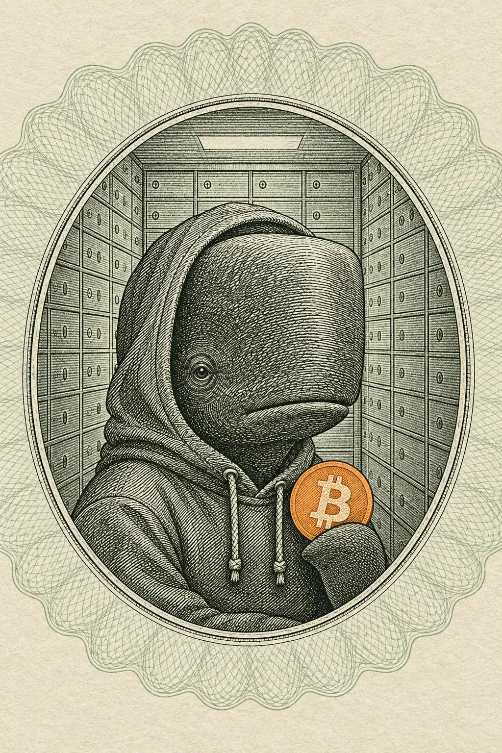 An engraving in green-black line: a sperm whale in a grey hoodie fills a narrow Swiss vault lined with safe-deposit boxes, holding up one orange bitcoin disc in his flipper, inside an oval frame on cream bank-note paper.