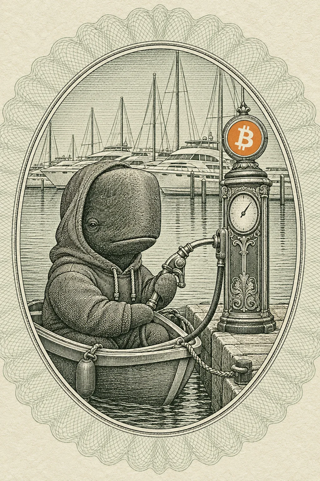An engraving: a sperm whale in a hoodie sits in a small boat beside a stone quay, filling up from an ornate antique fuel pump crowned with an orange bitcoin disc, yachts moored behind, inside an oval frame.