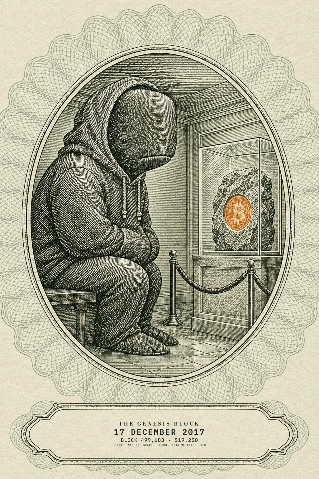 The Genesis Block engraving with a plaque in its cartouche reading The Genesis Block, 17 December 2017, block 499,683, $19,250.