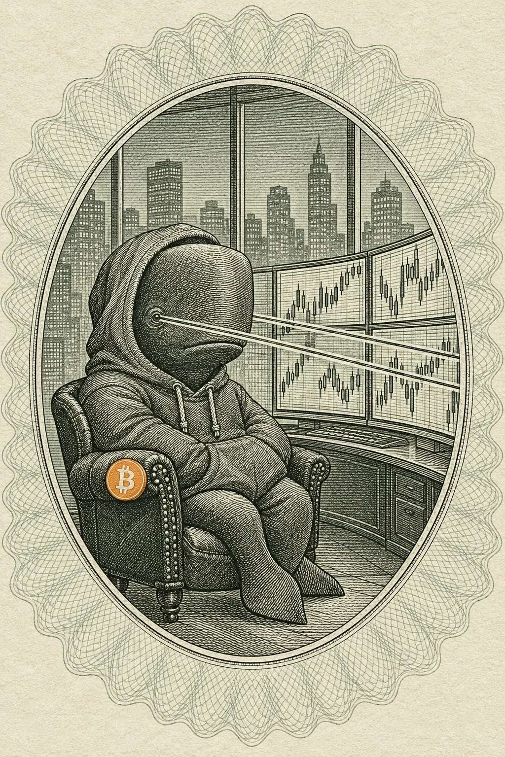 An engraving: at four in the morning a sperm whale in a hoodie sits in a leather armchair facing a curved bank of trading screens, two straight ruled laser lines from his eye, an orange bitcoin disc on the chair arm, inside an oval frame.