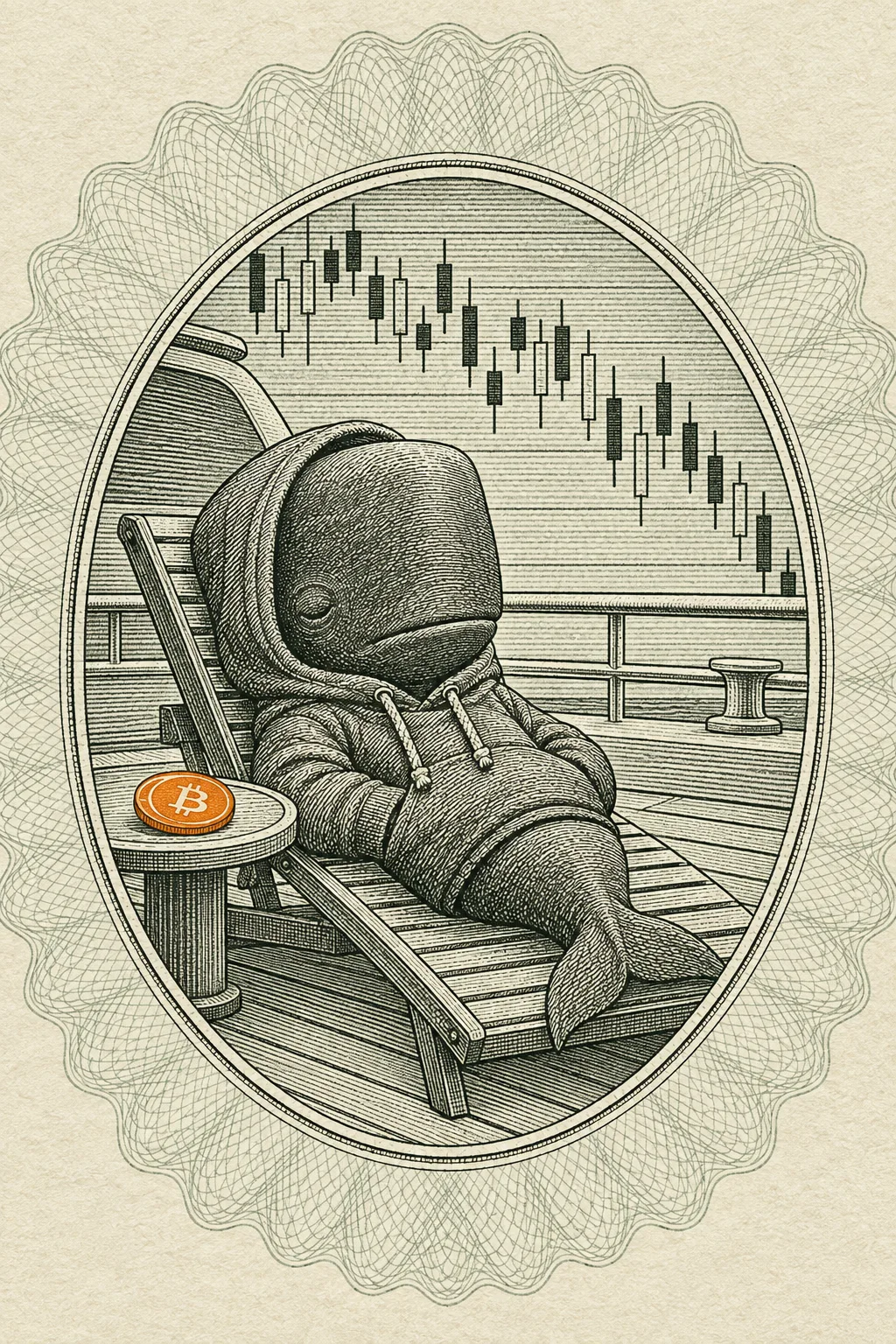 An engraving: a sperm whale in a grey hoodie sleeps on a yacht deck lounger far too small for him while a screen behind shows falling candlestick bars, an orange bitcoin disc on the side table, inside an oval frame.