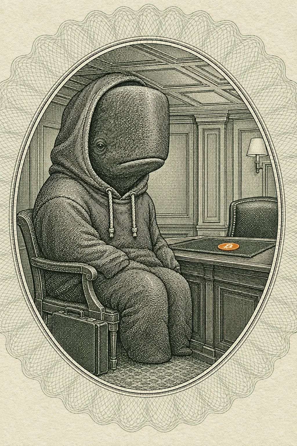 An engraving: a sperm whale in a grey hoodie wedged into a small carved chair fills a cramped private-bank office, a briefcase at his side and an orange bitcoin disc on the empty desk, inside an oval frame.