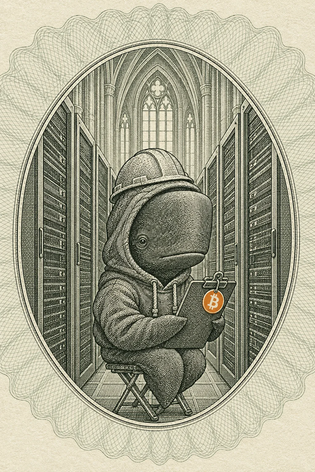 An engraving: in a narrow server hall with a gothic window, a sperm whale in a hoodie and hard hat sits on a folding stool with a clipboard that carries an orange bitcoin disc, inside an oval frame.