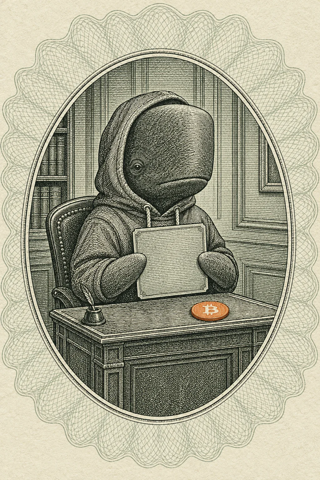 An engraving: a sperm whale in a grey hoodie sits at a small writing desk in a panelled office, holding a blank plate flat against his chest, an orange bitcoin disc on the desk, inside an oval frame.