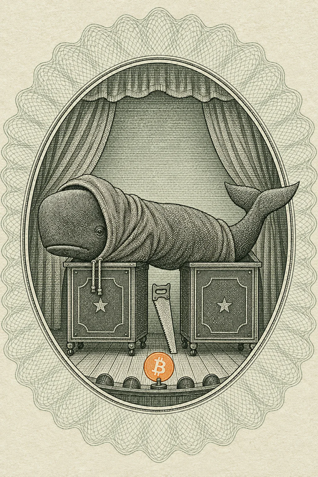 An engraving: on a small theatre stage a sperm whale in a hoodie lies across two magician’s cabinets pulled apart, a saw standing in the gap, an orange bitcoin disc at the footlights, inside an oval frame.