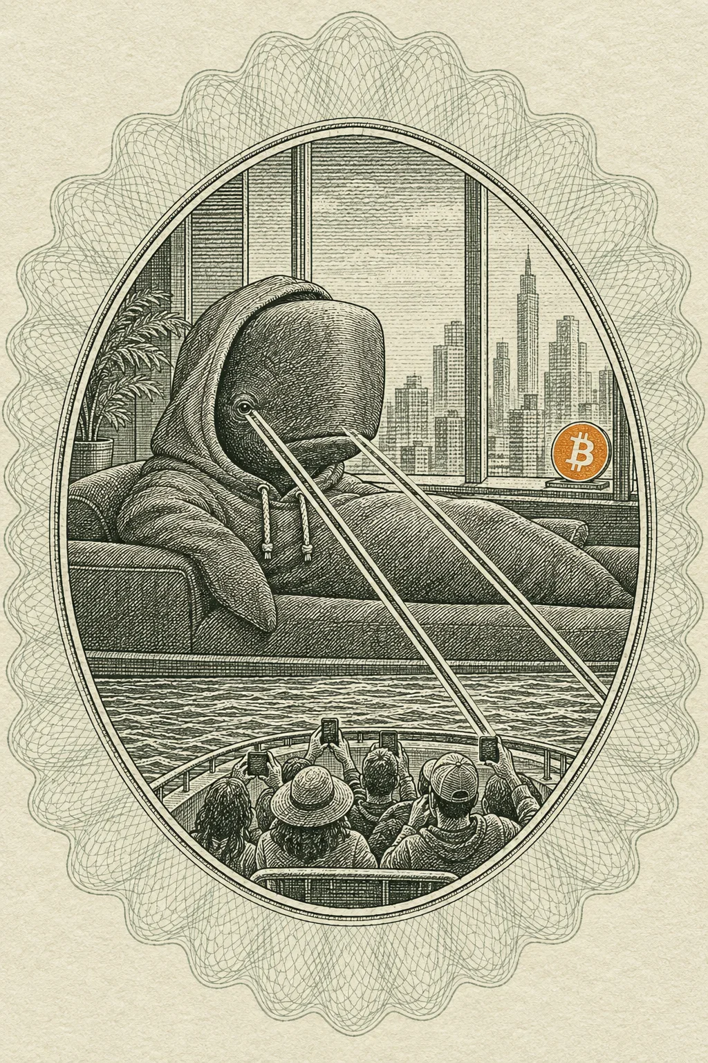 An engraving: tourists on a boat raise their phones toward a penthouse window where a sperm whale in a hoodie reclines on a sofa, two straight ruled laser lines from his eyes, an orange bitcoin disc on the sill, inside an oval frame.